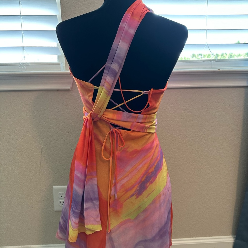 Commense One-Shoulder Multicolor Satin Dress in Orange, Yellow & Purple - Picture 3 of 4